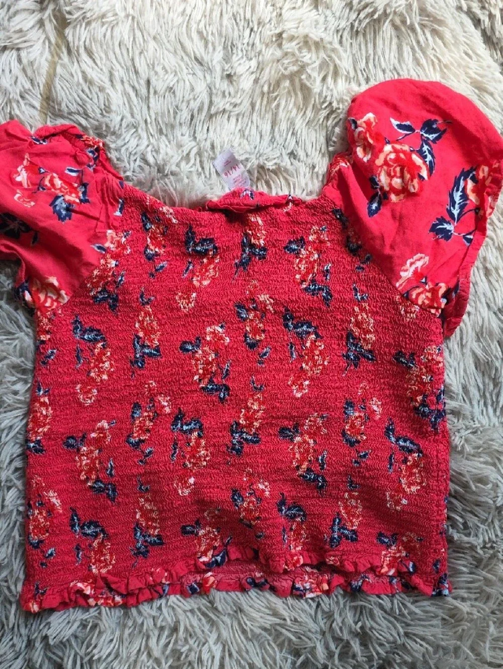Justice Red Floral Smocked Top with Navy Accents